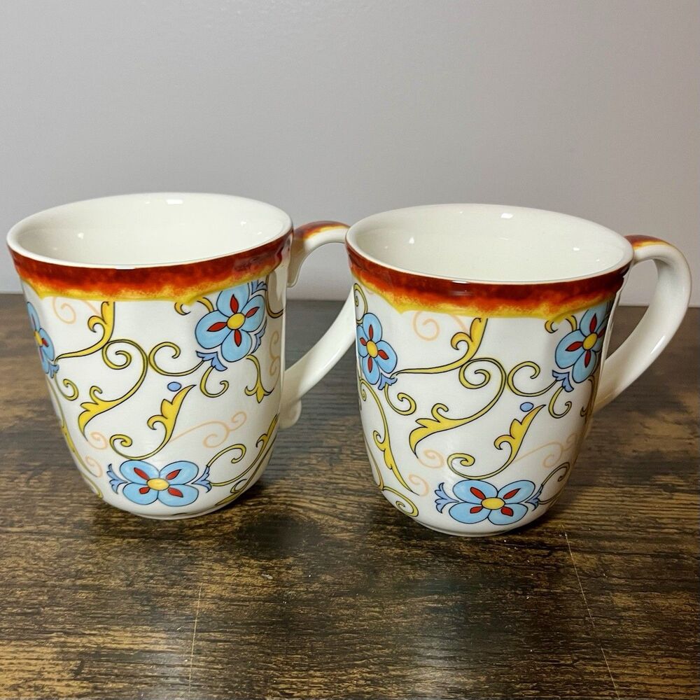 Euro Ceramica Duomo Set of 2 - 14oz Floral Coffee Tea Mugs Stoneware